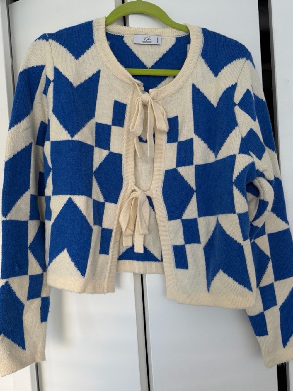 Tea Collection Blue and Cream Geometric Tie-Front Cardigan